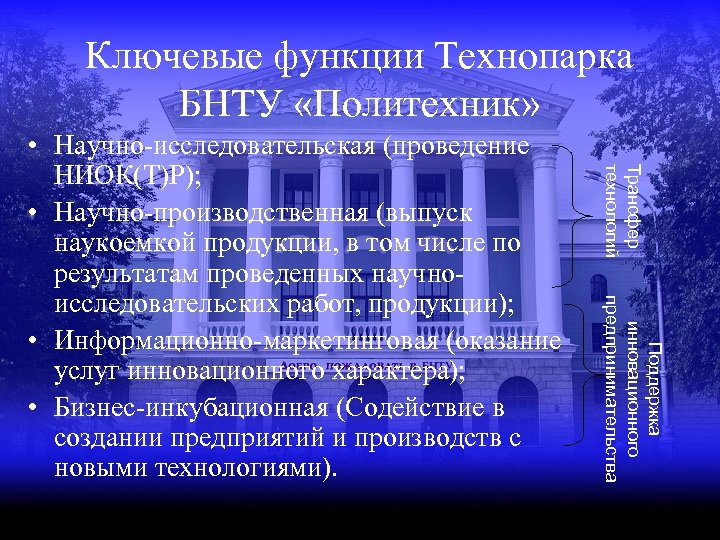 Ключевые функции Технопарка БНТУ «Политехник» Трансфер технологий Поддержка инновационного предпринимательства • Научно-исследовательская (проведение НИОК(Т)Р);