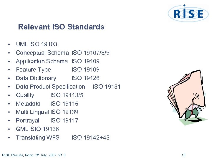 Relevant ISO Standards • • • UML ISO 19103 Conceptual Schema ISO 19107/8/9 Application