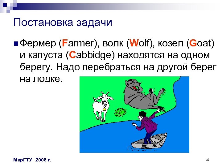 Постановка задачи n Фермер (Farmer), волк (Wolf), козел (Goat) и капуста (Cabbidge) находятся на