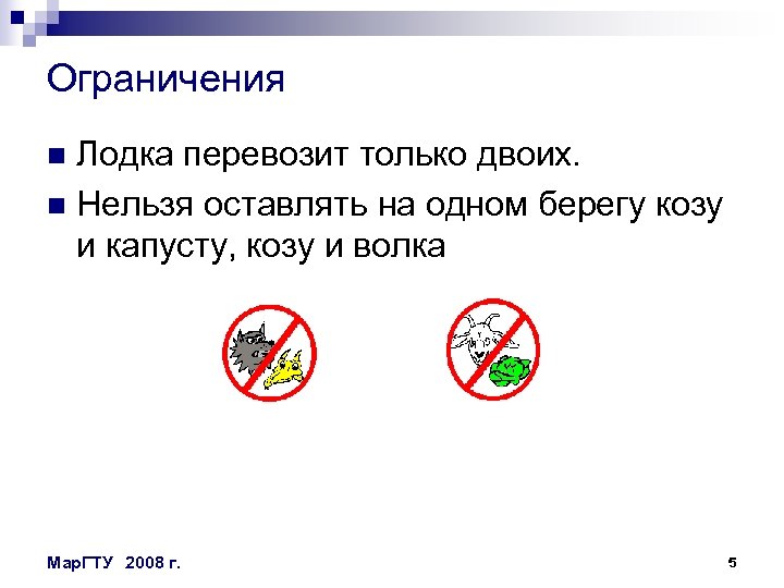 Ограничения Лодка перевозит только двоих. n Нельзя оставлять на одном берегу козу и капусту,