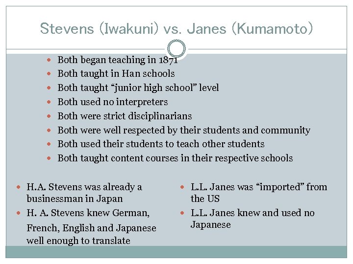 Stevens (Iwakuni) vs. Janes (Kumamoto) Both began teaching in 1871 Both taught in Han