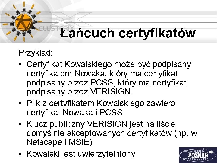 Łańcuch certyfikatów Przykład: • Certyfikat Kowalskiego może być podpisany certyfikatem Nowaka, który ma certyfikat