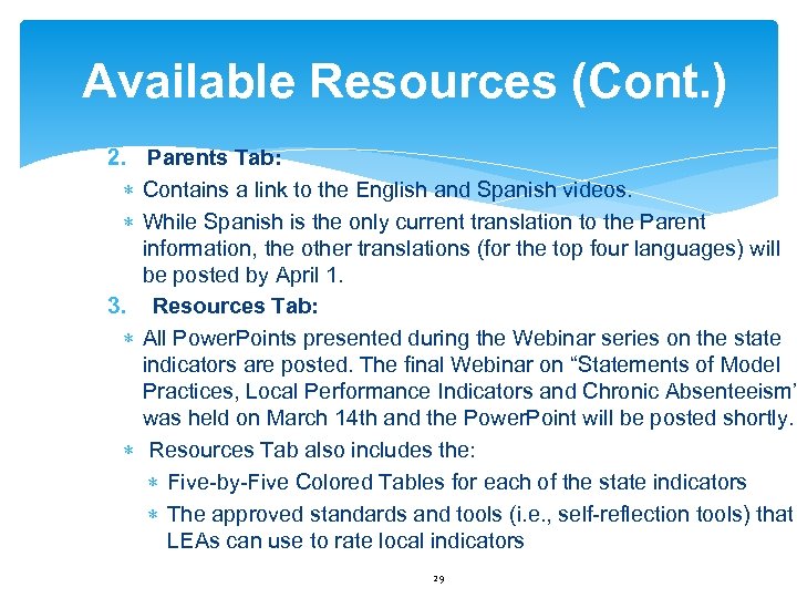 Available Resources (Cont. ) 2. Parents Tab: Contains a link to the English and