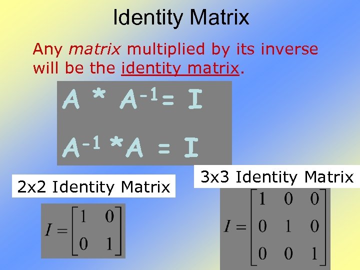 Identity Matrix Any matrix multiplied by its inverse will be the identity matrix. A