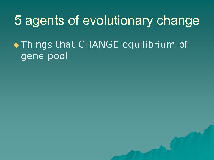 5 agents of evolutionary change u Things that CHANGE equilibrium of gene pool 