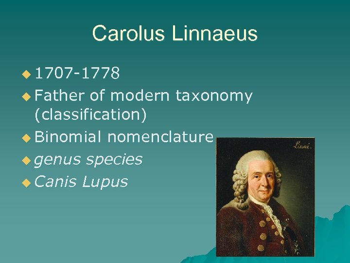 Carolus Linnaeus u 1707 -1778 u Father of modern taxonomy (classification) u Binomial nomenclature