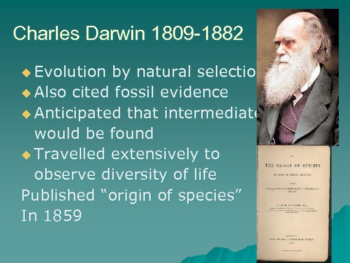 Charles Darwin 1809 -1882 u Evolution by natural selection u Also cited fossil evidence