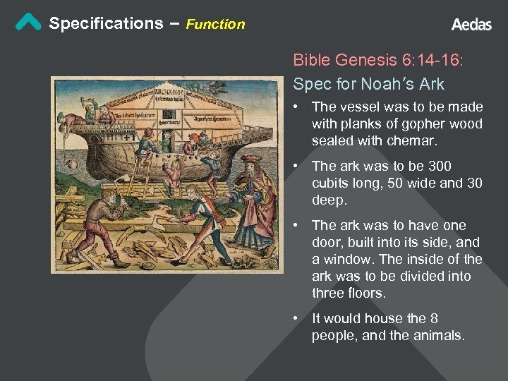 Specifications – Function Bible Genesis 6: 14 -16: Spec for Noah’s Ark • The