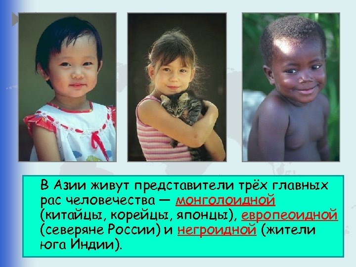 В Азии живут представители трёх главных рас человечества — монголоидной (китайцы, корейцы, японцы), европеоидной