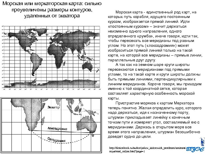 Морская или меркаторская карта: сильно преувеличены размеры контуров, удаленных от экватора Морская карта -