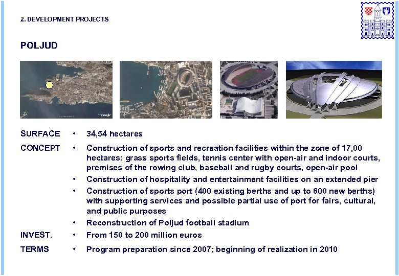 2. DEVELOPMENT PROJECTS POLJUD SURFACE • 34, 54 hectares CONCEPT • Construction of sports