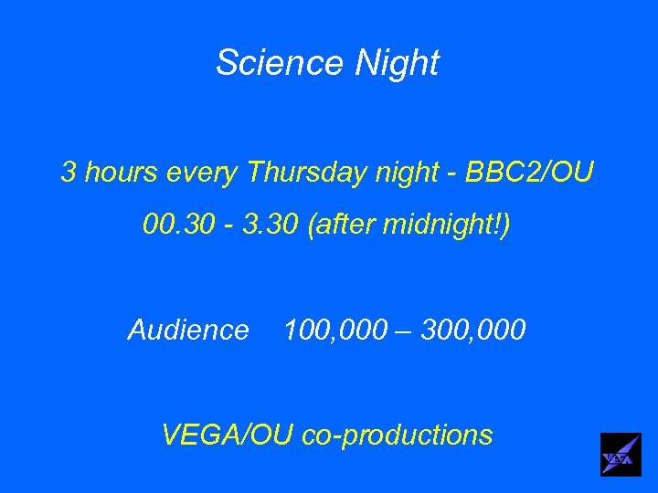 The Science Night 3 hours every Thursday night - BBC 2/OU 00. 30 -