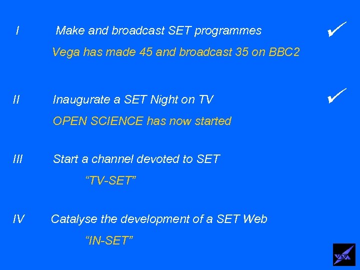 I Make and broadcast SET programmes Vega has made 45 and broadcast 35 on