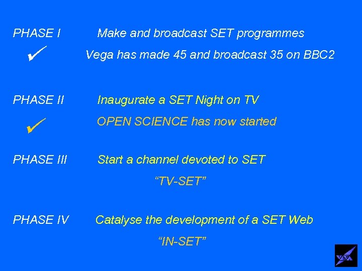 PHASE I PHASE III Make and broadcast SET programmes Vega has made 45 and