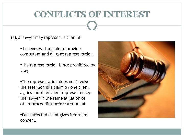 CONFLICTS OF INTEREST (a), a lawyer may represent a client if: • believes will