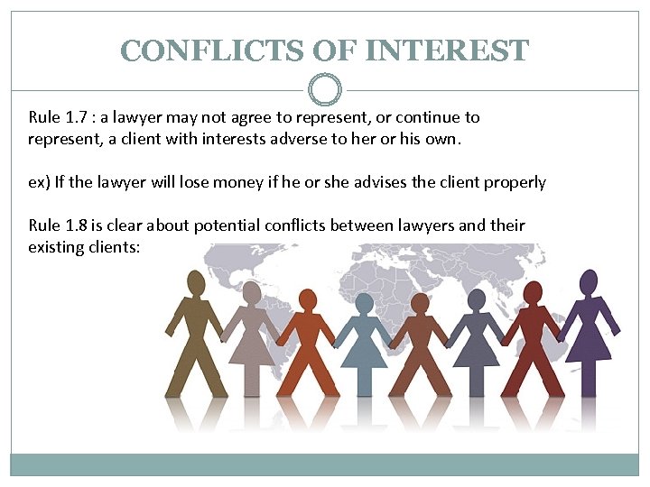CONFLICTS OF INTEREST Rule 1. 7 : a lawyer may not agree to represent,