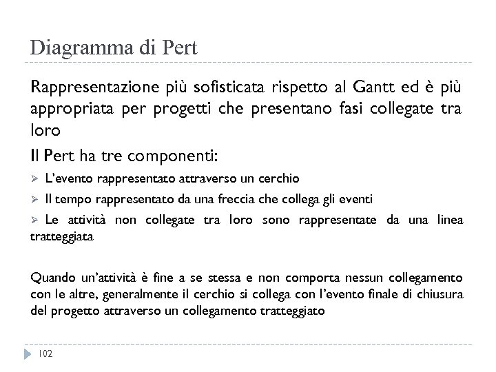 Diagramma di Pert Rappresentazione più sofisticata rispetto al Gantt ed è più appropriata per