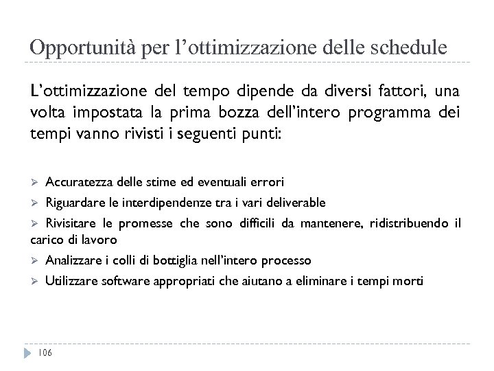 Opportunità per l’ottimizzazione delle schedule L’ottimizzazione del tempo dipende da diversi fattori, una volta