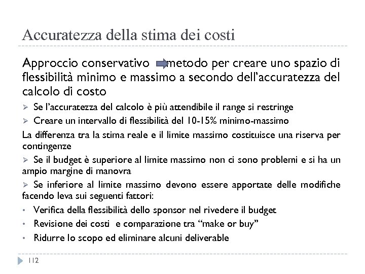 Accuratezza della stima dei costi Approccio conservativo metodo per creare uno spazio di flessibilità
