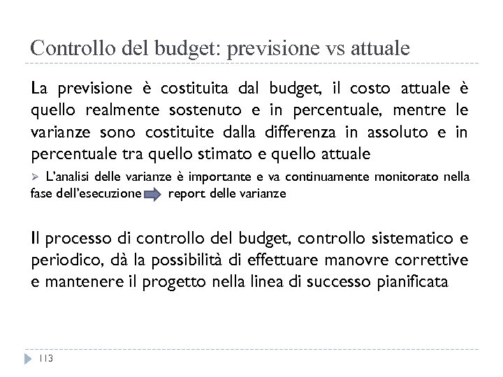 Controllo del budget: previsione vs attuale La previsione è costituita dal budget, il costo