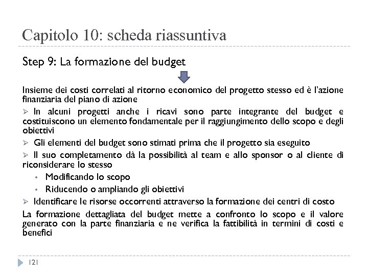 Capitolo 10: scheda riassuntiva Step 9: La formazione del budget Insieme dei costi correlati