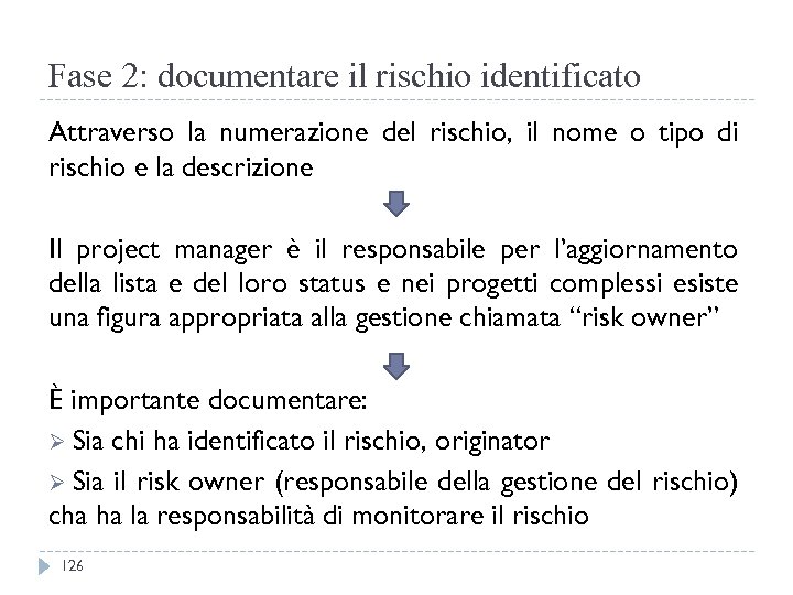 Fase 2: documentare il rischio identificato Attraverso la numerazione del rischio, il nome o