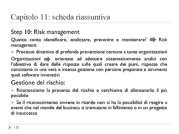 Capitolo 11: scheda riassuntiva Step 10: Risk management Quanto conta identificare, analizzare, prevenire e
