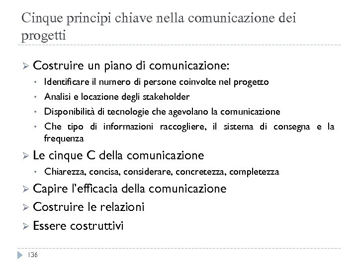 Cinque principi chiave nella comunicazione dei progetti Ø Costruire • • Identificare il numero