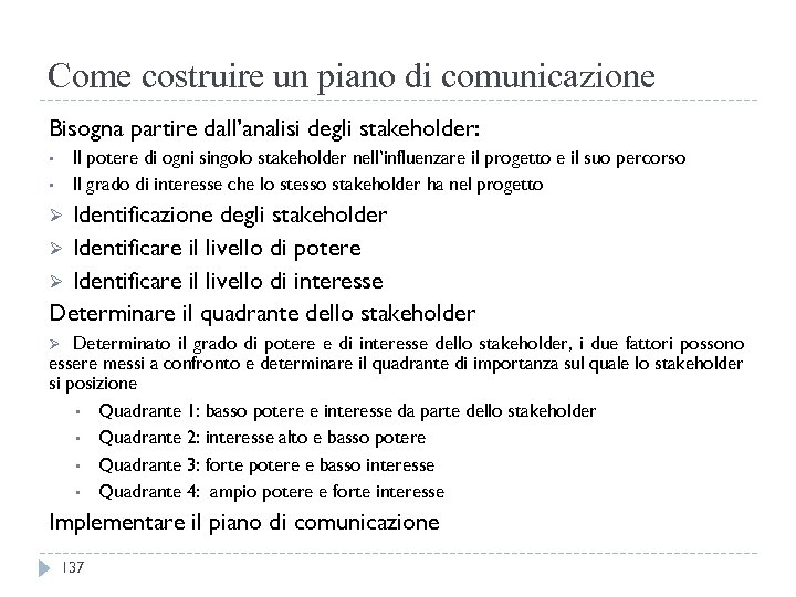 Come costruire un piano di comunicazione Bisogna partire dall’analisi degli stakeholder: Il potere di