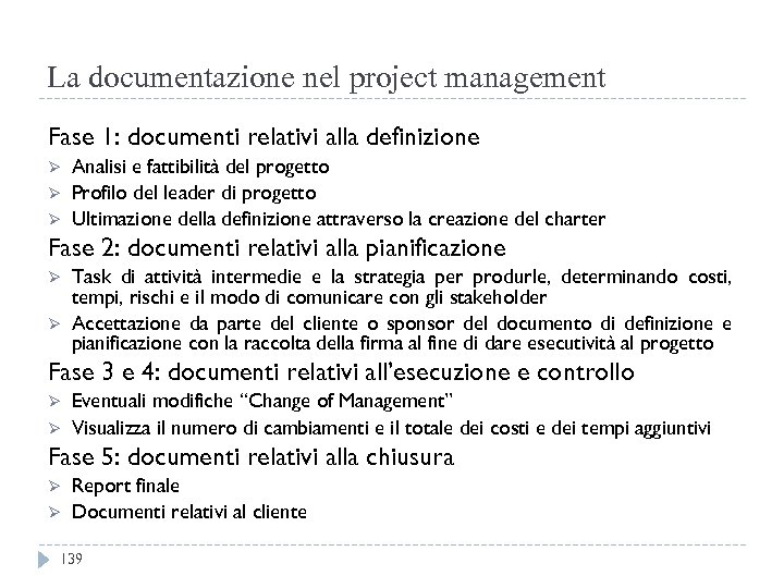La documentazione nel project management Fase 1: documenti relativi alla definizione Ø Ø Ø