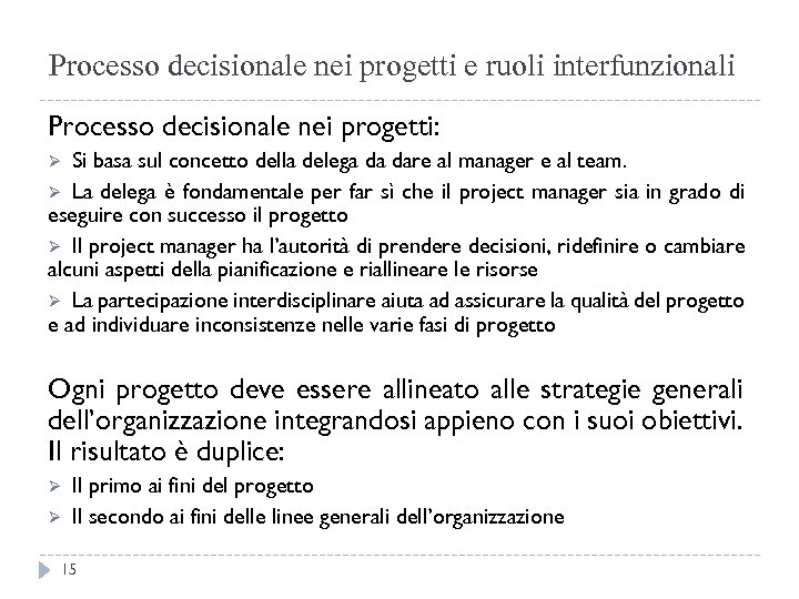 Processo decisionale nei progetti e ruoli interfunzionali Processo decisionale nei progetti: Si basa sul