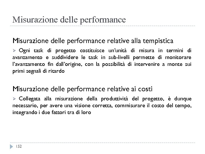 Misurazione delle performance relative alla tempistica Ogni task di progetto costituisce un’unità di misura