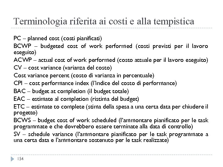 Terminologia riferita ai costi e alla tempistica PC – planned cost (costi pianificati) BCWP