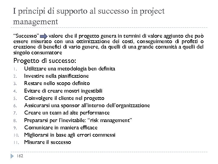 I principi di supporto al successo in project management “Successo” valore che il progetto