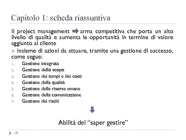 Capitolo 1: scheda riassuntiva Il project management arma competitiva che porta un alto livello