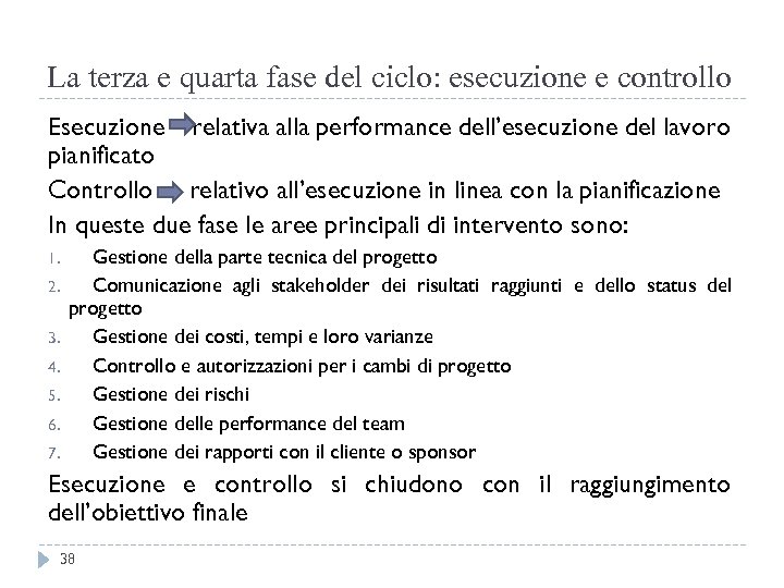 La terza e quarta fase del ciclo: esecuzione e controllo Esecuzione relativa alla performance