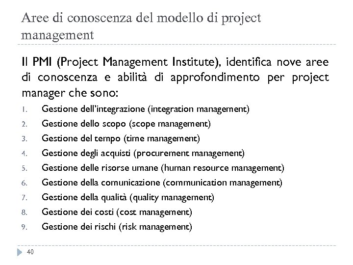 Aree di conoscenza del modello di project management Il PMI (Project Management Institute), identifica