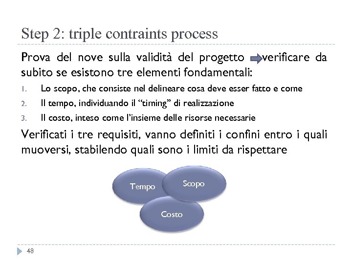 Step 2: triple contraints process Prova del nove sulla validità del progetto verificare da