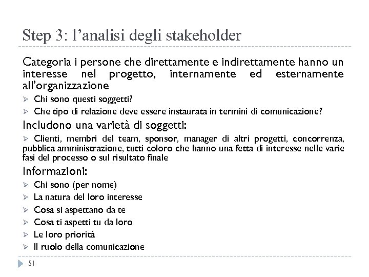 Step 3: l’analisi degli stakeholder Categoria i persone che direttamente e indirettamente hanno un