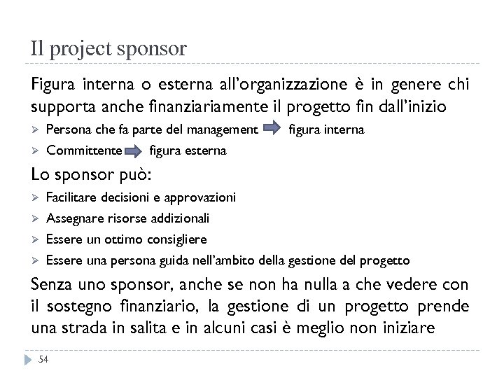 Il project sponsor Figura interna o esterna all’organizzazione è in genere chi supporta anche