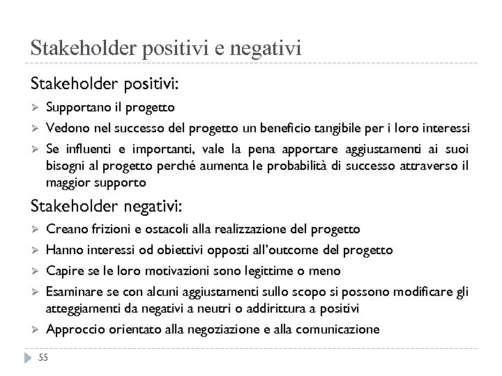 Stakeholder positivi e negativi Stakeholder positivi: Ø Ø Ø Supportano il progetto Vedono nel