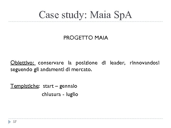 Case study: Maia Sp. A PROGETTO MAIA Obiettivo: conservare la posizione di leader, rinnovandosi