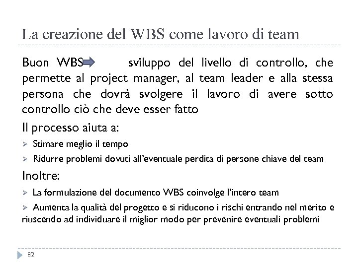 La creazione del WBS come lavoro di team Buon WBS sviluppo del livello di
