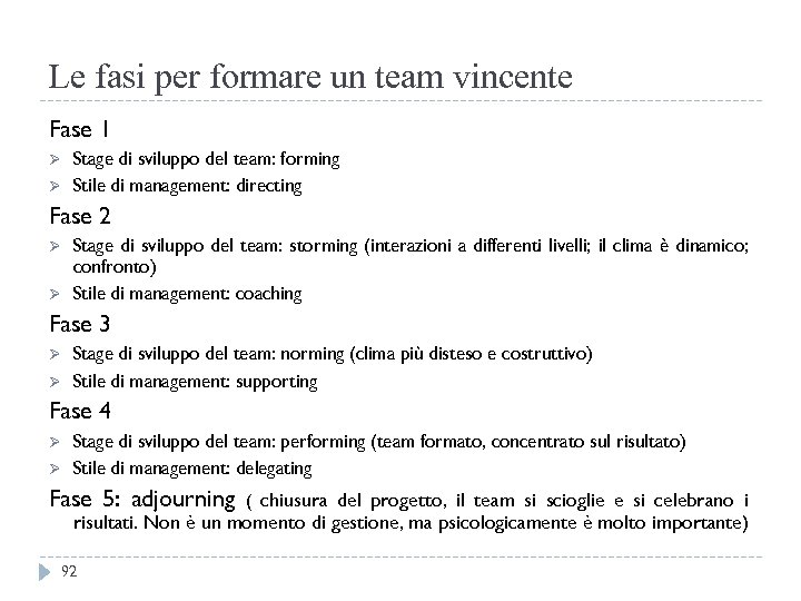Le fasi per formare un team vincente Fase 1 Ø Ø Stage di sviluppo