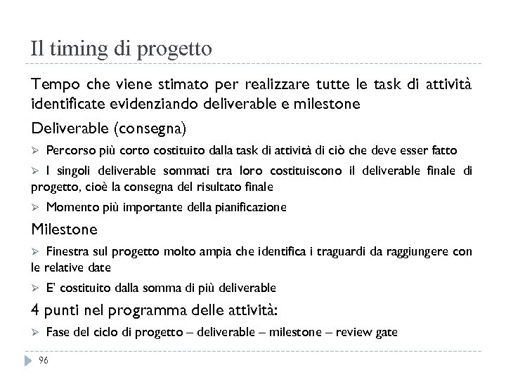 Il timing di progetto Tempo che viene stimato per realizzare tutte le task di
