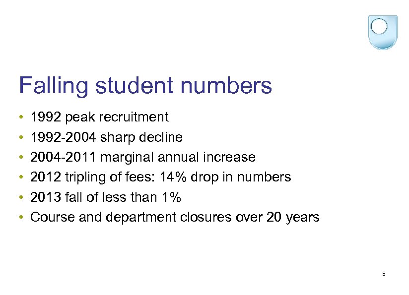 Falling student numbers • • • 1992 peak recruitment 1992 -2004 sharp decline 2004