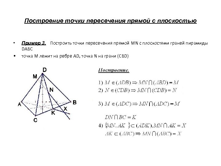 Построение точки пересечения прямой с плоскостью • • • Пример 3. Построить точки пересечения