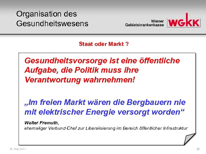 Organisation des Gesundheitswesens Staat oder Markt ? Gesundheitsvorsorge ist eine öffentliche Aufgabe, die Politik