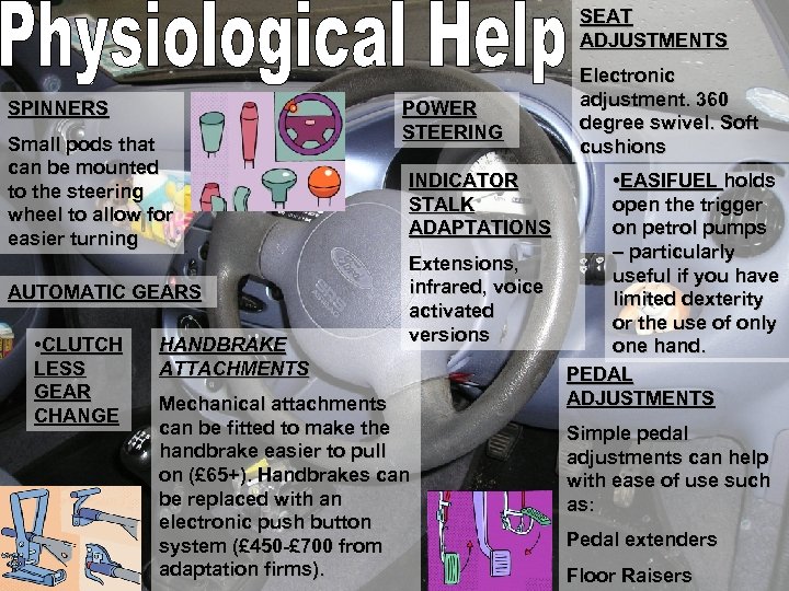 SEAT ADJUSTMENTS SPINNERS Small pods that can be mounted to the steering wheel to