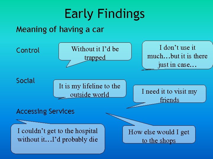 Early Findings Meaning of having a car Control Social Without it I’d be trapped